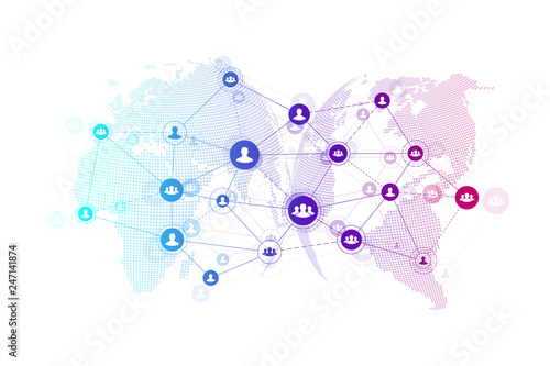 Social media network and marketing concept on World Map background. Global business concept and internet technology, Analytical networks. Vector illustration.