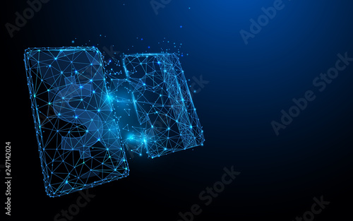 Smartphone with credit card from lines, triangles and particle style design. Illustration vector
