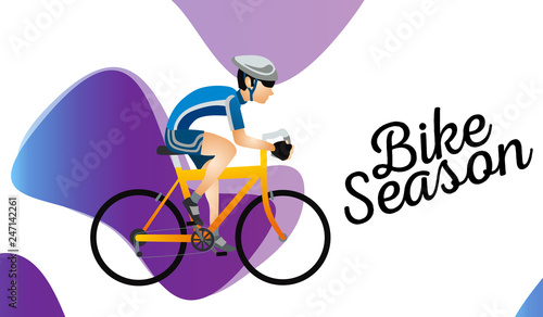 Cartoon sportsman bicyclist in helmet riding bicycle in sportswear