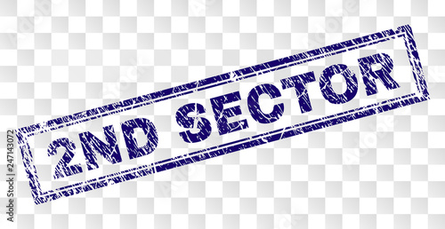 2ND SECTOR stamp seal imprint with rubber print style and double framed rectangle shape. Stamp is placed on a transparent background. Blue vector rubber print of 2ND SECTOR title with unclean texture.