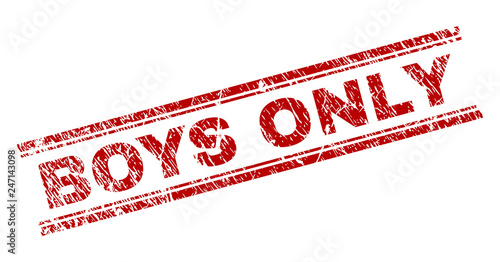 BOYS ONLY seal print with grunge texture. Red vector rubber print of BOYS ONLY text with unclean texture. Text title is placed between double parallel lines.