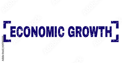 ECONOMIC GROWTH tag seal print with distress texture. Text tag is placed inside corners. Blue vector rubber print of ECONOMIC GROWTH with unclean texture.