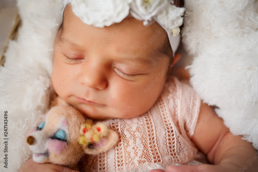 Newborn girl with a lion toy in her arms sleeps in the basket covered with white fur blanket on the floor