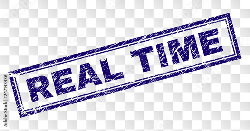 REAL TIME stamp seal print with rubber print style and double framed rectangle shape. Stamp is placed on a transparent background. Blue vector rubber print of REAL TIME text with scratched texture.