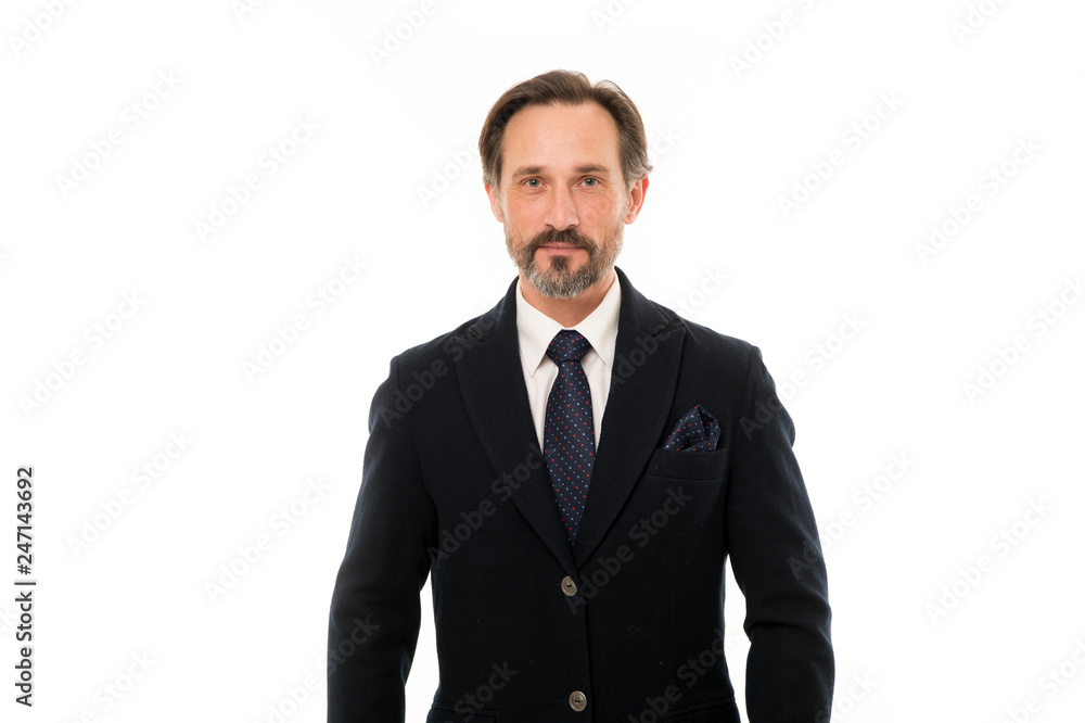 Bespoke suit flatters every wearer. Suit imbue sense of confidence of gentlemen. Perfect suit for every type of guy. Man handsome mature fashion model wear fashionable suit on white background Bespoke suit flatters every wearer. Suit imbue sense of confidence of gentlemen. Perfect suit for every type of guy. Man handsome mature fashion model wear fashionable suit on white background