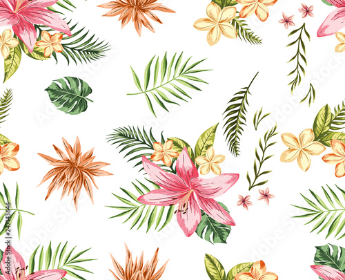 Beautiful seamless vector floral pattern, spring summer background with tropical flowers, leaves,leaf, hibiscus, bird of paradise flower © DNZ CreativeDesign