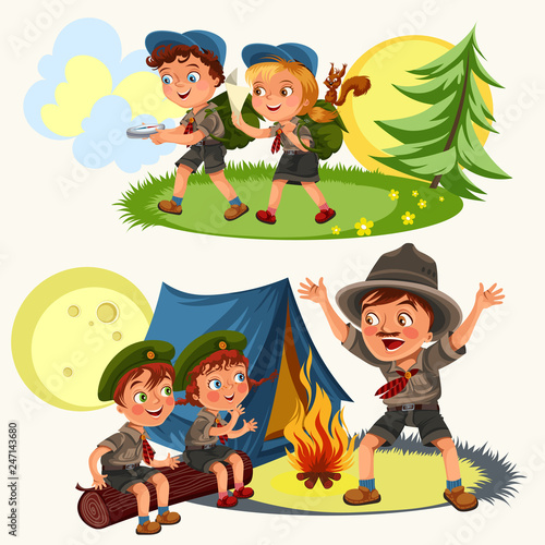 Cartoon scouting children mentor guides outdoor adventures and survival activities in camping