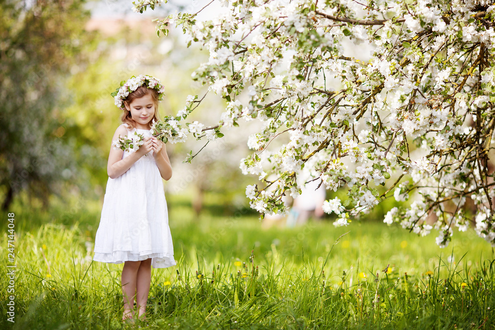 Beautiful young girl in white dress in the garden with blosoming apple trees. Cute girl holding apple-tree branch Beautiful young girl in white dress in the garden with blosoming apple trees. Cute girl holding apple-tree branch
