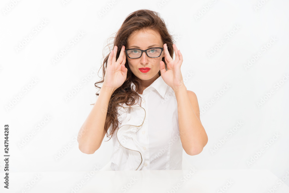 Full concentration at work. Back to school. Girl with red lips in glasses. Fashion and beauty. Pretty school teacher. Business school coach. Dress code. Sexy businesswoman. Confident in her knowledge Full concentration at work. Back to school. Girl with red lips in glasses. Fashion and beauty. Pretty school teacher. Business school coach. Dress code. Sexy businesswoman. Confident in her knowledge