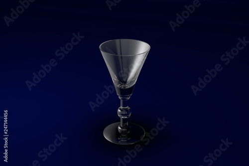 3D illustration of liqueur or vermouth glass on dark blue design background - drinking glass render