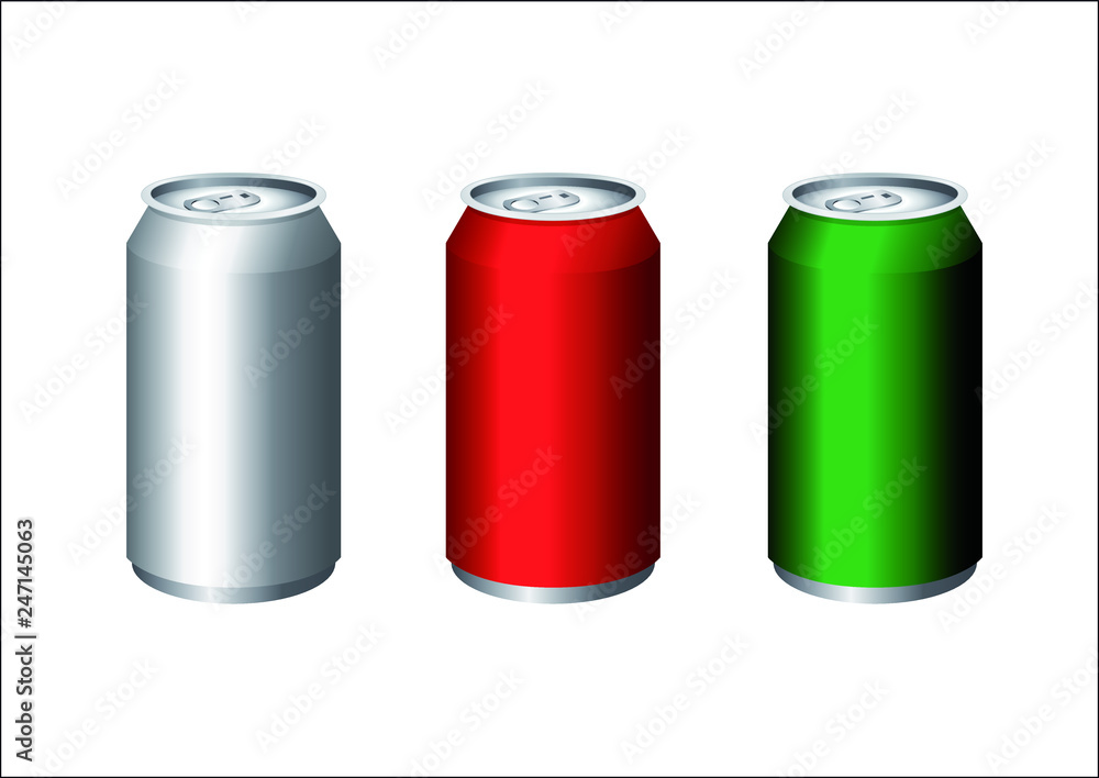 Illustration 3-D sur fond blanc de trois canettes métalliques pour emporter des boissons aux couleurs argent, rouge et vert. Illustration 3-D sur fond blanc de trois canettes métalliques pour emporter des boissons aux couleurs argent, rouge et vert.
