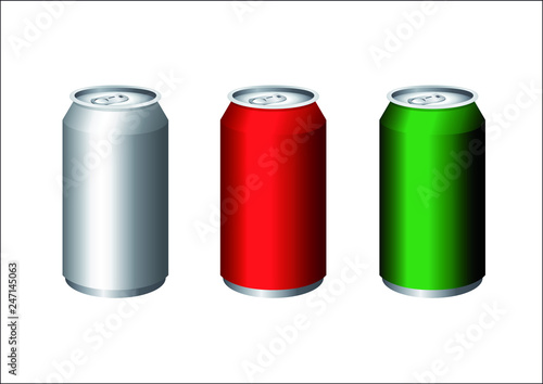 Illustration 3-D sur fond blanc de trois canettes métalliques pour emporter des boissons aux couleurs argent, rouge et vert.