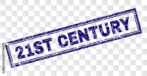 21ST CENTURY stamp seal print with rubber print style and double framed rectangle shape. Stamp is placed on a transparent background.