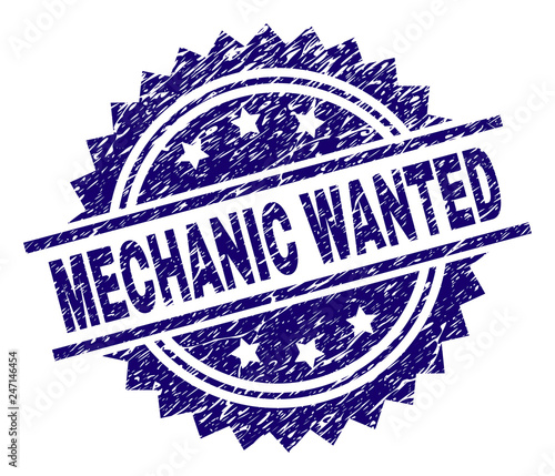 MECHANIC WANTED stamp seal watermark with distress style. Blue vector rubber print of MECHANIC WANTED title with corroded texture.