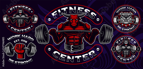 Set of colored badges, logos, shirt prints for gym theme.