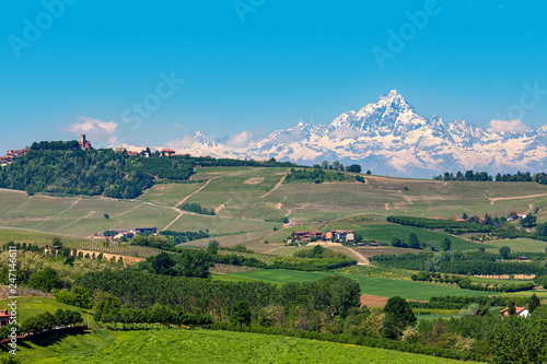Green hills and snowy mountain peak on background in Italy.