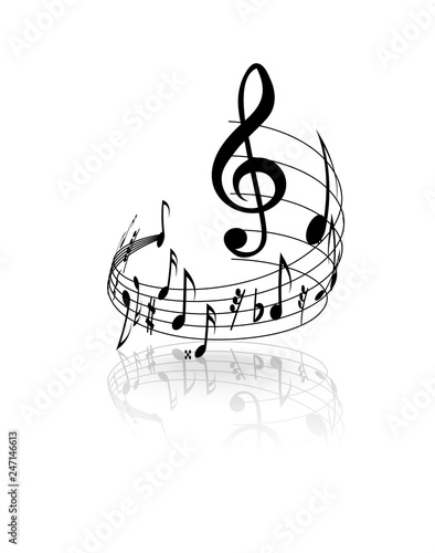 Wavy musical staff with notes on a white background. Vector