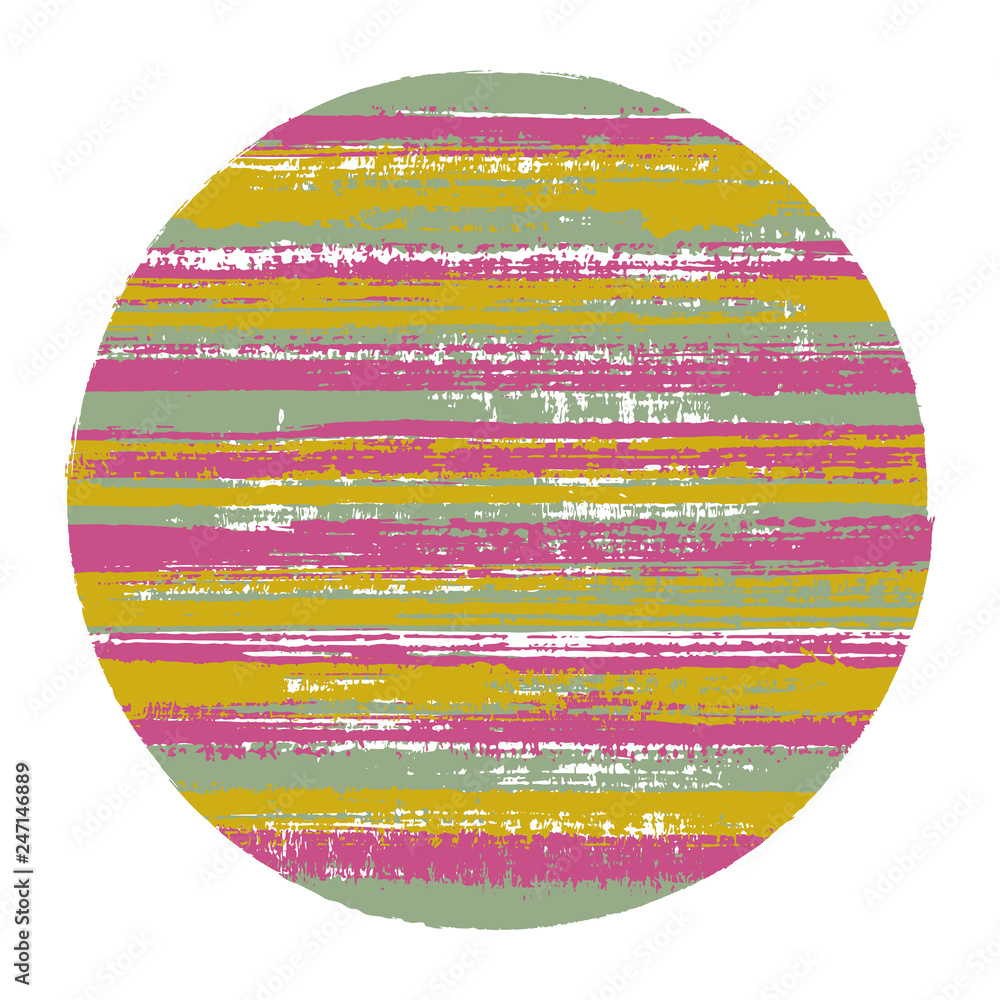 Rough circle vector geometric shape with striped texture of paint horizontal lines. Old paint texture disk. Stamp round shape logotype circle with grunge background of stripes.