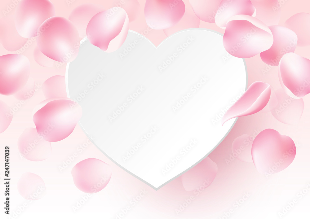 Rose petals falling with blank paper heart on pink background vector illustration