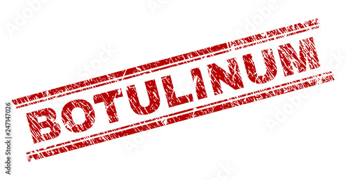 BOTULINUM seal print with distress texture. Red vector rubber print of BOTULINUM label with dirty texture. Text label is placed between double parallel lines.
