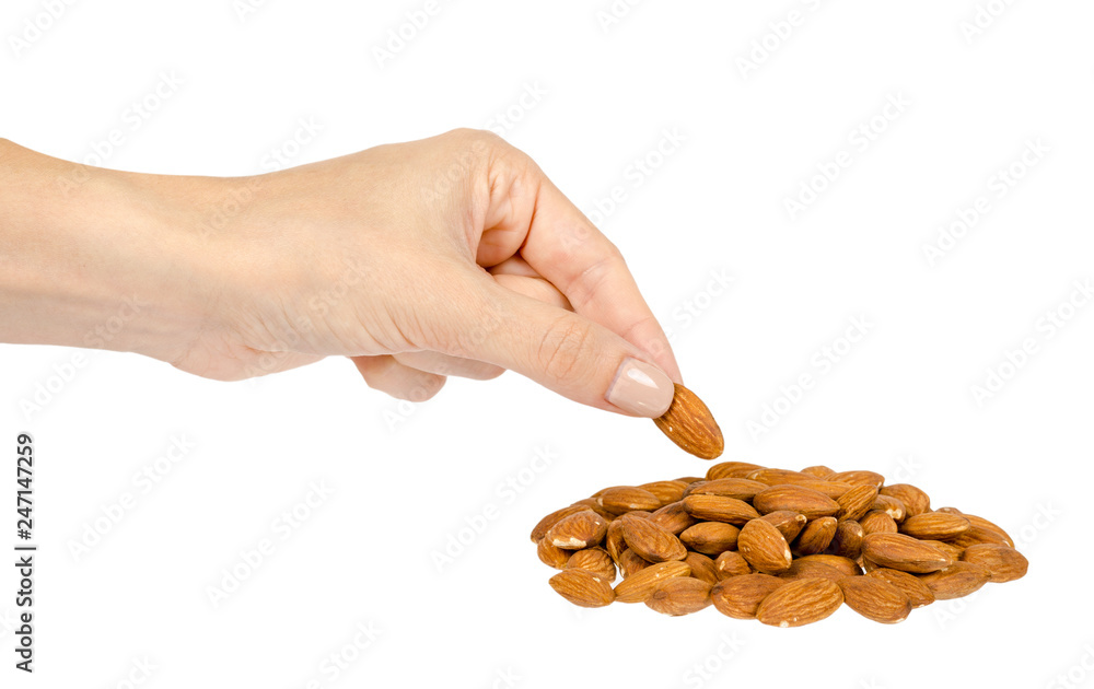 organic almond nuts with hand, healthy quick snack concept organic almond nuts with hand, healthy quick snack concept