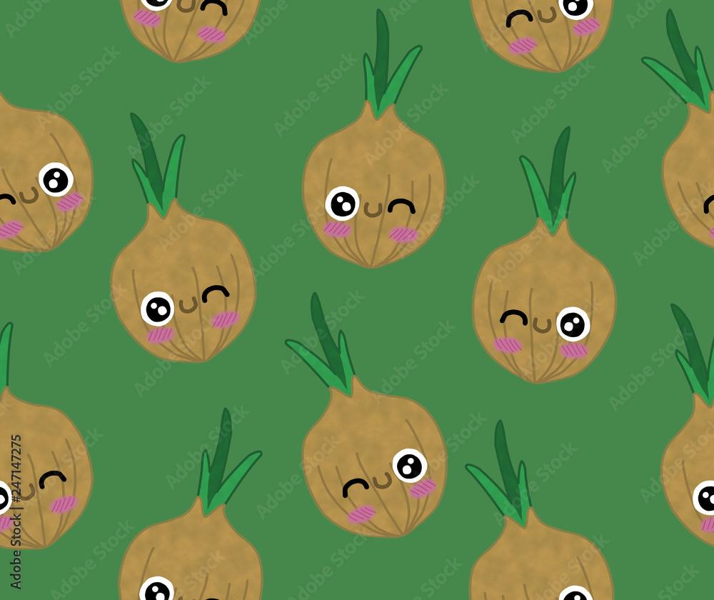 Fototapeta premium Kawaii vegetables seamless pattern onion