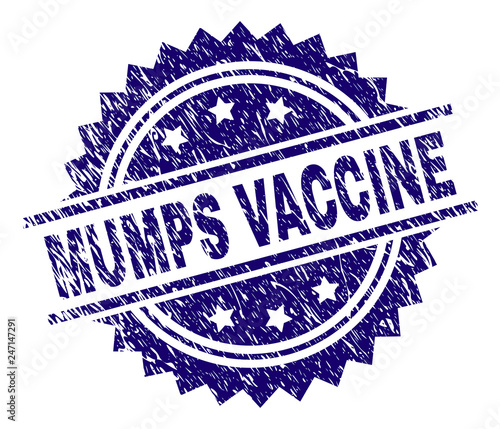 MUMPS VACCINE stamp seal watermark with distress style. Blue vector rubber print of MUMPS VACCINE text with unclean texture.