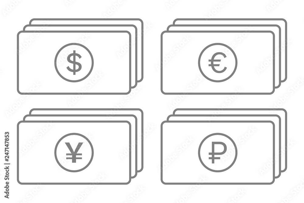 Stacks of Dollar, EURO, Yen, Yuan and Ruble banknotes. Outline. Vector. Stacks of Dollar, EURO, Yen, Yuan and Ruble banknotes. Outline. Vector.