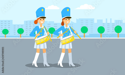 Drums girls parade banner. Flat illustration of drums girls parade vector banner for web design