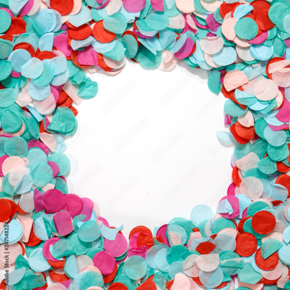 Circle frame colorful confetti celebration on white background. Party background.