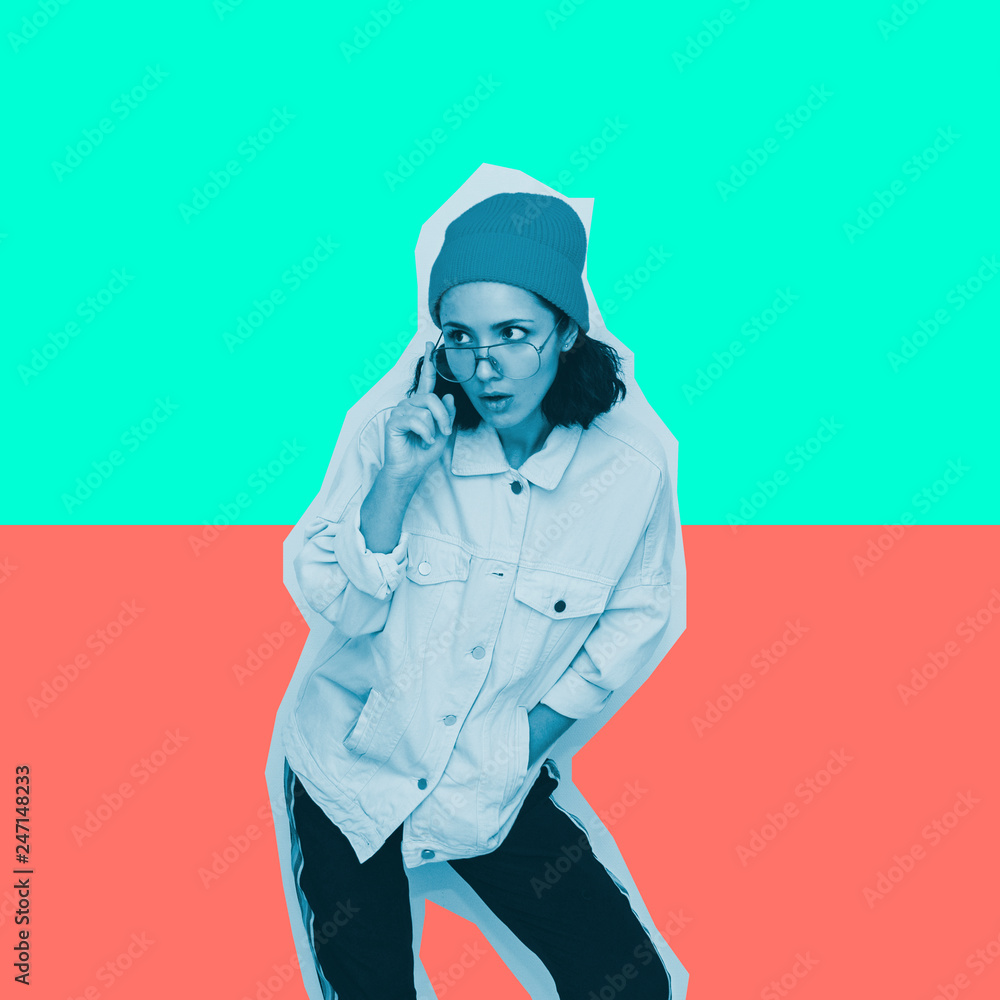Collage poster art of fashion pretty alien blue girl in sunglasses, denim jacket and beanie hat Collage poster art of fashion pretty alien blue girl in sunglasses, denim jacket and beanie hat