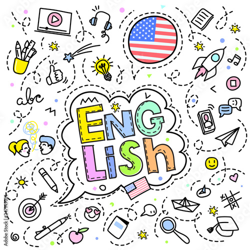 Concept of traveling. American flag with line art icons.