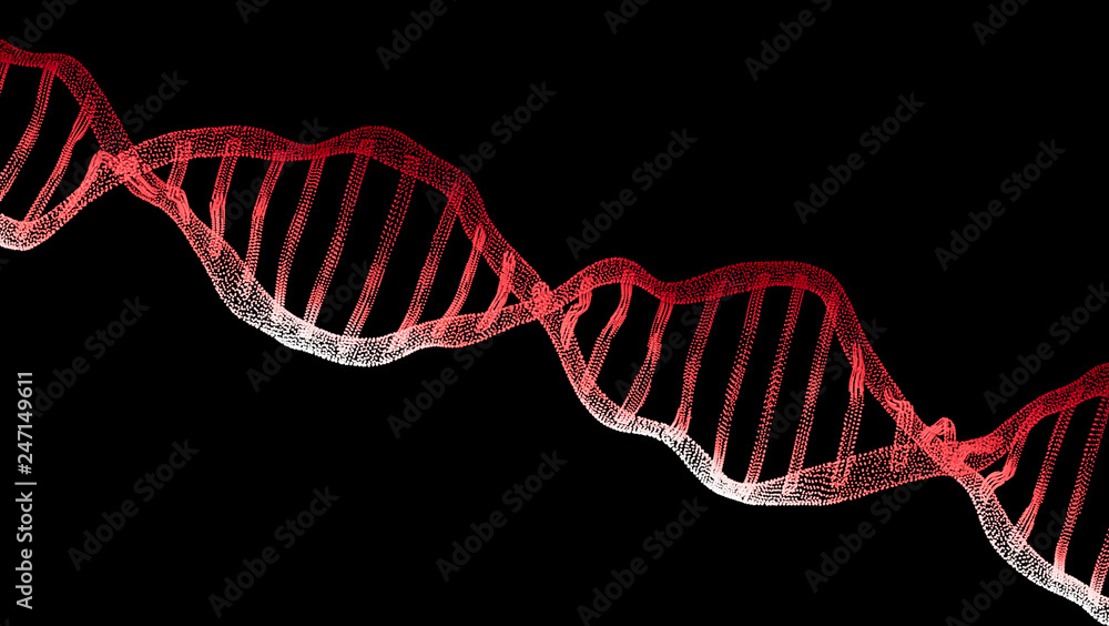 DNA background, 3D illustration. Particles of molecules, genetic, biotechnology DNA on black screen.