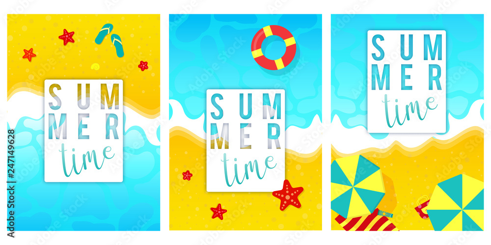 Set of summer travel flyers with beach items and wave. Top view. Vector illustration - Vector - Vector