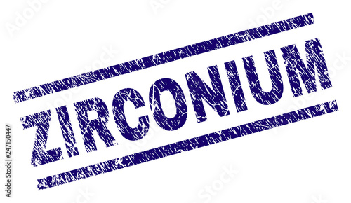 ZIRCONIUM seal print with distress style. Blue vector rubber print of ZIRCONIUM caption with dirty texture. Text tag is placed between parallel lines.