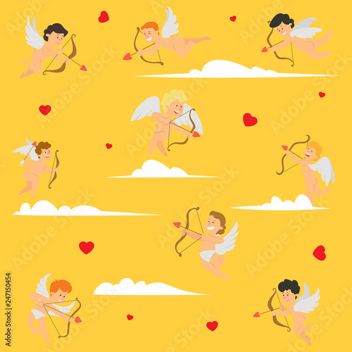funny cupids with bows and arrows fly in the sky.