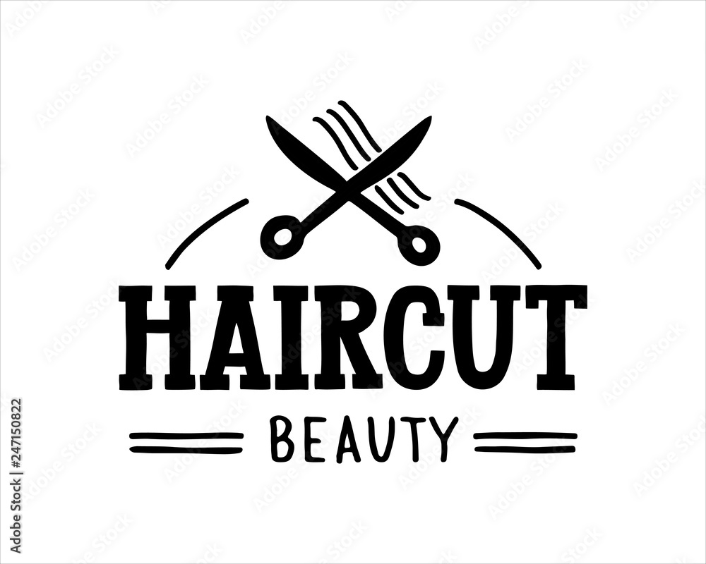 Fototapeta Haircut Beauty - Hand drawn logo for hair and beauty salon with scissors and hair symbols. Lettering vector illustration EPS10.