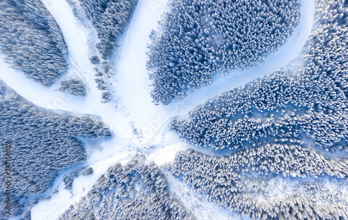 Aerial view at the slope on ski resort. Forest and ski slope from air. Winter landscape from a drone. Snowy landscape on the ski resort. Aerial photography