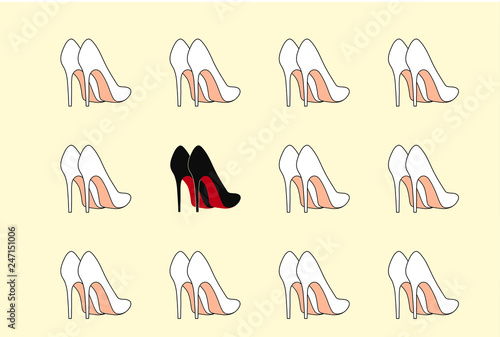 White pairs of fashionable shoes with one special black pair in the center creative illustration . Vector set EPS10