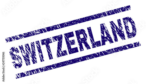 SWITZERLAND seal print with scratced style. Blue vector rubber print of SWITZERLAND label with unclean texture. Text label is placed between parallel lines.