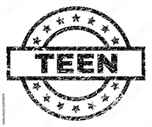 TEEN stamp seal watermark with distress style. Designed with rectangle, circles and stars. Black vector rubber print of TEEN label with grunge texture.