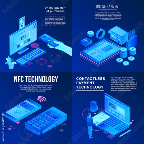 Nfc technology banner set. Isometric set of nfc technology vector banner for web design
