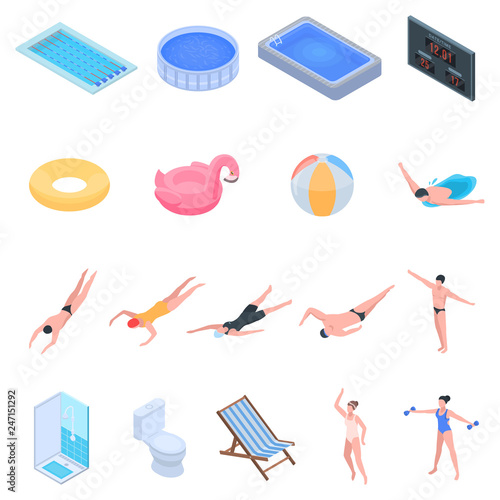 Pool equipment icons set. Isometric set of pool equipment vector icons for web design isolated on white background