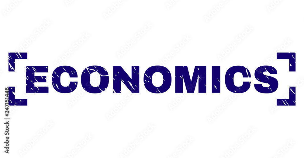 ECONOMICS text seal print with grunge texture. Text caption is placed inside corners. Blue vector rubber print of ECONOMICS with corroded texture.