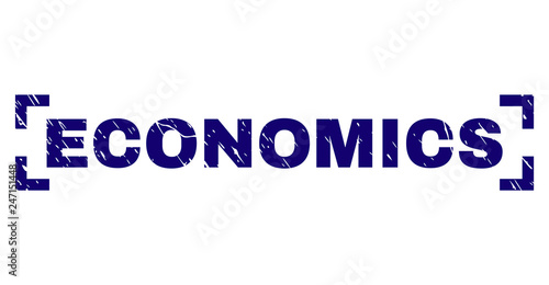 ECONOMICS text seal print with grunge texture. Text caption is placed inside corners. Blue vector rubber print of ECONOMICS with corroded texture.