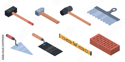 Masonry worker icons set. Isometric set of masonry worker vector icons for web design isolated on white background