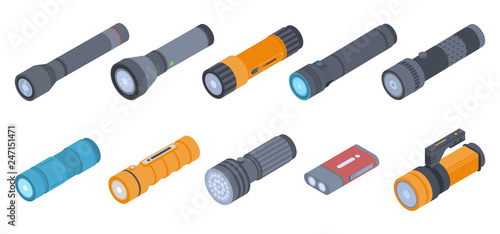 Flashlight icons set. Isometric set of flashlight vector icons for web design isolated on white background