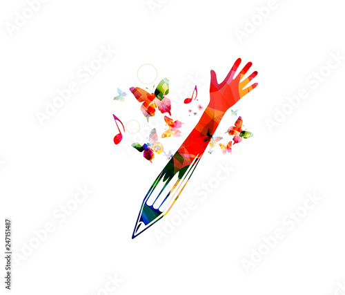 Colorful pencil with arm raised and music notes vector illustration. Musical education and crative writing concept, tutorials, training classes, lessons and courses