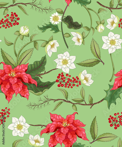Poinsettia and hellebore flowers and berries floral pattern background