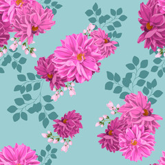 Acrylglasbilder Muster nach Farbe Pinke Dahlien auf blauem Blumenhintergrund  © Tory Mosh